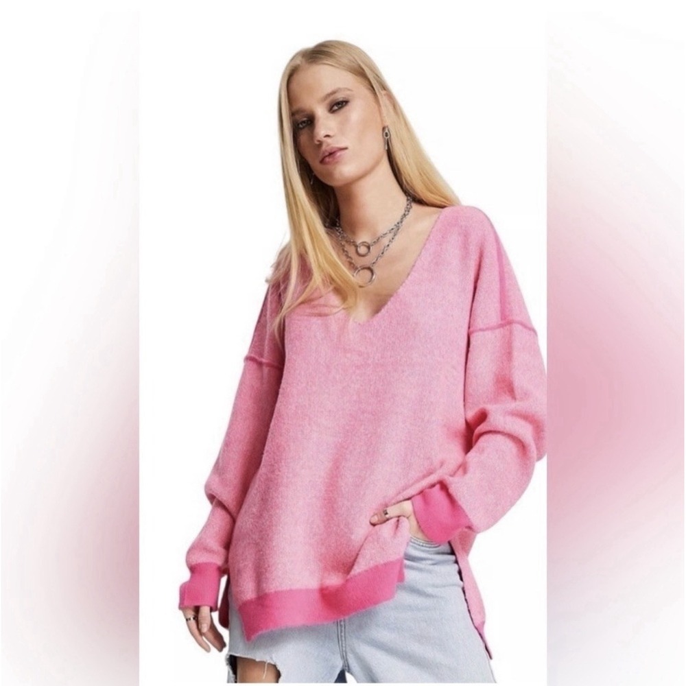 Free People Sweater Womens Medium Oversized Pink Bohemian Loungewear V Neck